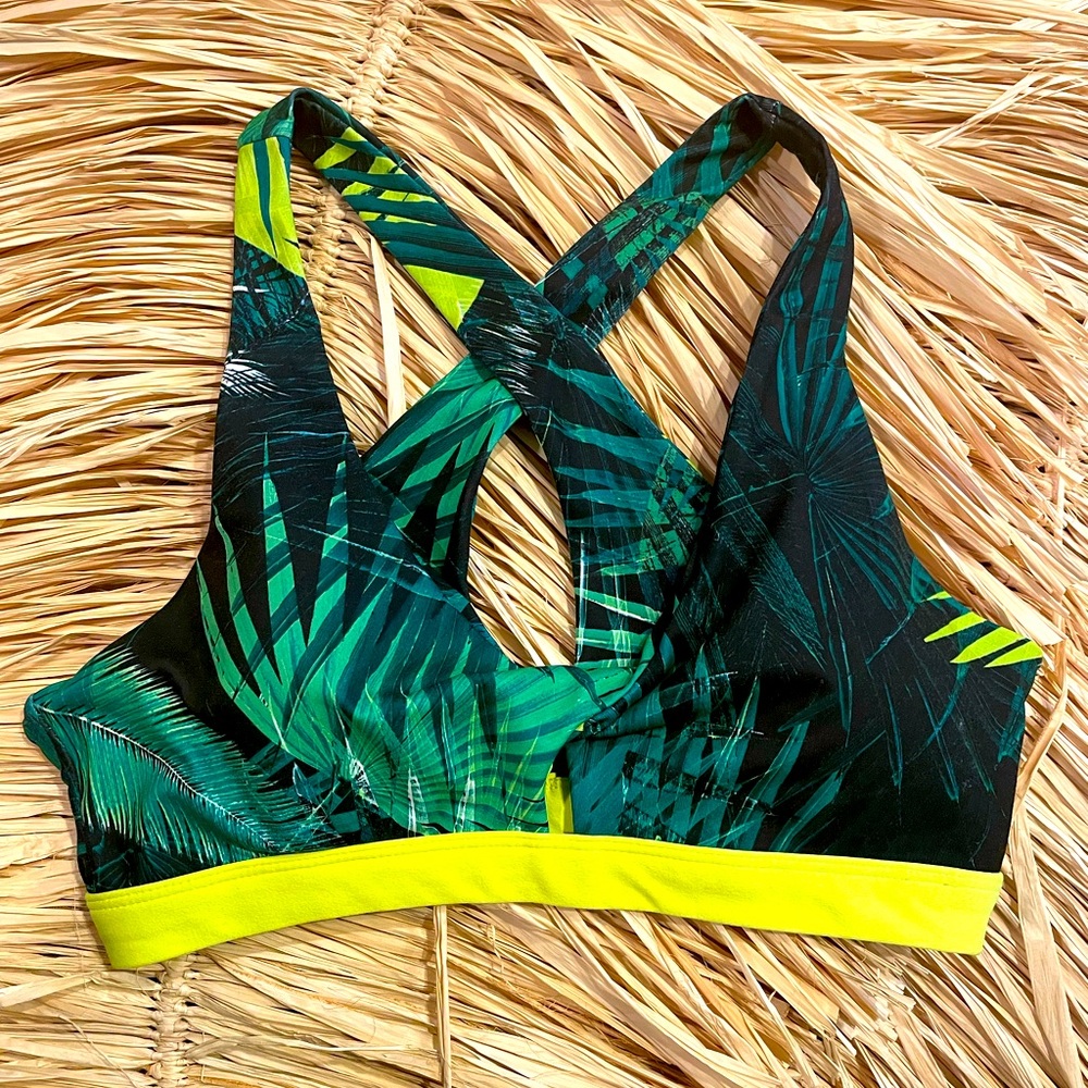 fabletics palms print sports bra. black, green, yellow. medium.